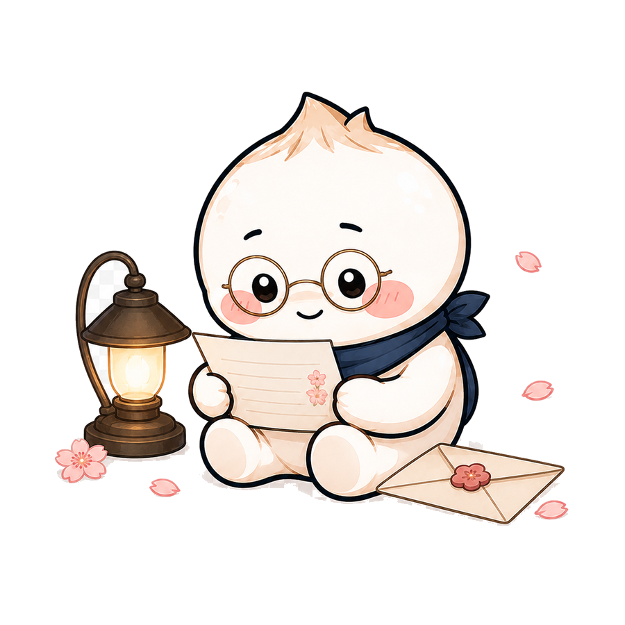 Mascota Onion leyendo una carta con gafas junto a una lamparita